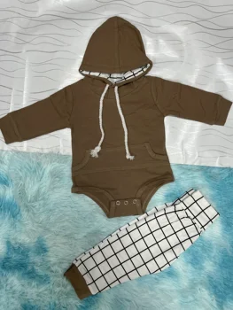 0-18M Bebek Erkek Kapüşonlu Giysiler Kıyafetler Rahat Uzun Kollu Romper Ekose Pantolon 2 Adet Bahar Sonbahar Bebek Erkek Giyim Takım Elbise