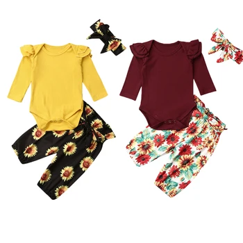 0-18M Toddler Bebek Kız Giysileri Setleri Ruffles Örgü Romper Tulum Üstleri Ayçiçeği Pantolon Pantolon Kafa Bandı 3 adet Giysi