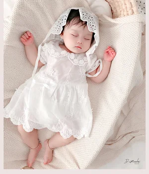 0-3Yrs Bebek Giysileri Tulum Yaz Yenidoğan Kız Pamuk Dantel Romper Kapaklı 2 adet Set Bebek Kız Genel Beyaz