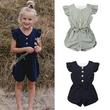1-6Y Yaz Sevimli Çocuklar Bebek Kız Yaz Romper Katı Ruffles Kollu Tulum Kıyafetler Yürümeye Başlayan Giysi Sunsuit