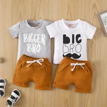 2 Adet Bebek Bebek Erkek Takım Elbise Seti, Mektup Bıyık Baskı Yuvarlak Boyun kısa kollu tişört+ Şort Yaz, 0-18 Ay