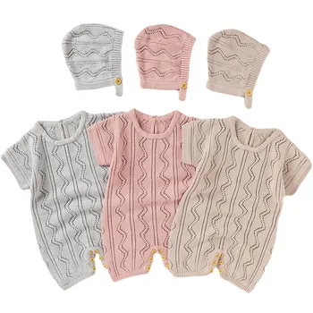 2 Adet Set Bebek Örme Romper Giysileri Set pamuk tulumlar Kasık Düğmesi Tek Parça Tulum + Şapka Toddler Bebek Erkek Kız Kıyafetler