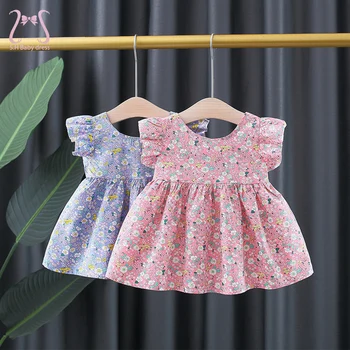 2 Adet / takım yaz elbisesi Kız Çiçek Uçan Kollu pamuklu yuvarlak boyun Bebek Giysileri Trend Yürümeye Başlayan Çocuk Kostüm Takım Elbise + Şapka