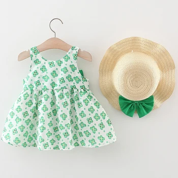 2 Adet yaz kıyafetleri Bebek Giysileri Toddler Kız Elbise Kore Moda Sevimli Çiçekler Kolsuz Pamuklu plaj Elbise + Sunhat BC2360