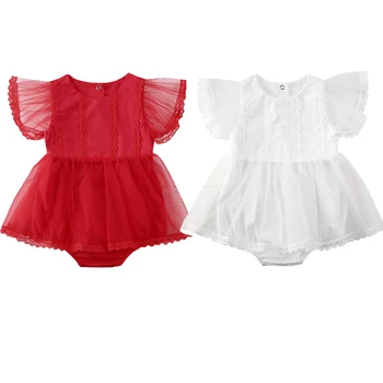 2020 Prenses Toddler Bebek Kız Romper Elbise Ruffles Kısa Kollu Dantel Katı Tutu Elbise Tulumlar 2 Renk