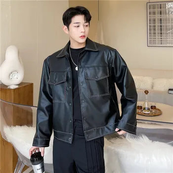 2022 Bahar Kore tarzı kişilik çizgi tasarım PU deri ceketler erkekler için rahat gevşek lokomotif ceketler erkekler, M-XL