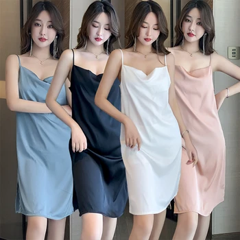 2022 Sıcak Yaz Seksi İç Çamaşırı Spagetti Kayışı İpek Saten Gecelik Kadınlar için Kore Pijama gece elbisesi Gecelik Ev Nighty