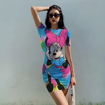 2022 Yaz Disney Minnie Mickey Gotik Mini Elbise Kadın Streetwear Seksi O Boyun Bayanlar Bodycon Elbiseler 90s Parti Kıyafetleri