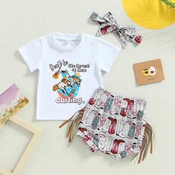 2023-01-08 Lioraitiin 0 - 24M Bebek Kız Yaz Takım Elbise Mektup Baskı Kısa Kollu Ekip Boyun T-Shirt Çizmeler Baskı Şort Kafa Bandı