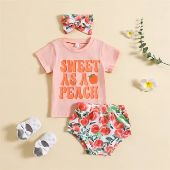 2023-04-13 Lioraitiin 0-24M Bebek Bebek Kız yaz kıyafetleri 3 Adet Mektup Baskı kısa kollu tişört Şeftali Baskı Elastik Şort