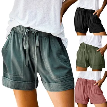 2023 Bayanlar Rahat kısa pantolon Basit İpli Cepler Yaz Kadın Elastik Bel Gevşek Ev Streetwear Femme Pantolon