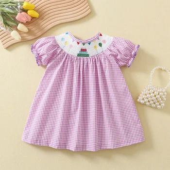 2023 El Yapımı Nakış yaz elbisesi Bebek Kız Çocuklar için Önlüklü A-line Ekose Elbiseler Çocuk Rahat Gevşek Tek parça Kıyafetler