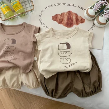 2023 Yaz Bebek Giysileri Set Karikatür Kısa Kollu Tişört ve Şort Yürümeye Başlayan Çocuk Takım Elbise