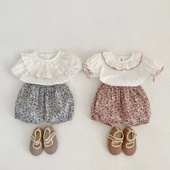 2023 Yaz Bebek Giysileri Set Toddler Kız Kısa Kollu Dantel Gömlek + Çiçek Şort Bebek Dış Giyim 2 ADET