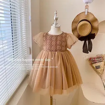 2023 Yaz Bebek Kız Elbise Gül Çiçek Prenses Örgü Elbise Yürüyor Bebek Çocuk Doğum Günü Partisi Kostüm çocuk Giyim