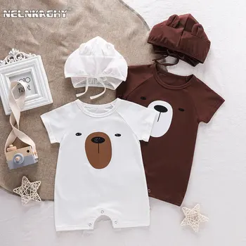 2023 Yeni Yaz Bebek Yenidoğan Bebek Erkek Karikatür Ayı Baskı Pamuk kıyafetler elbiseler Çocuk Tulumlar Romper Hediye Şapka