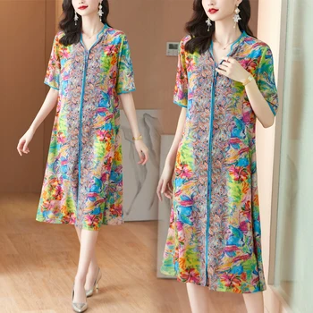 2023 Çiçek Doğal İpek V Yaka Midi Elbise Yaz moda ışık rahat Plaj Sundress Kadınlar Kore Zarif Bodycon Parti Elbise