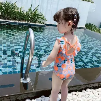 2023 Çocuk Mayo Seti Kızlar için Bebek Prenses Mayo Çiçek Tek parça Bebek Yüzme Kap Turuncu baskı Beachwear