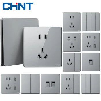 2HD Gri ev duvar tipi gizli 5 beş delikli panel delikli dört açık çift kontrol cam anahtarı yedi delikli soket