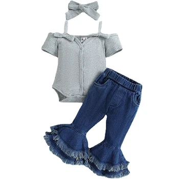 3 Parça Yaz Kız Elbise Çocuk Setleri Moda Sevimli Yay Kısa Kollu pamuk bebek tulumu + Kot + Kafa Bandı Bebek Lüks giyim BC2394-1