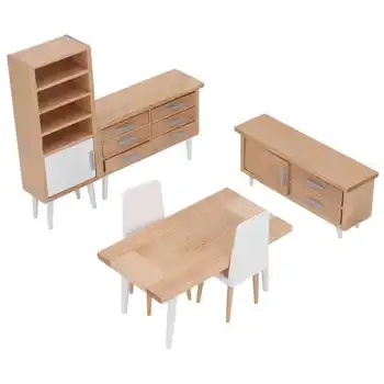 6 Adet 1:12 Ölçekli Dollhouse Mobilya Seti Ahşap Minyatür Dolap Masaları Sandalyeler Kızlar için