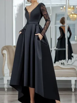 A-Line Örgün Düğün Konuk Abiye Asimetrik Dantel Pileli Dantel Ekle Balo elbisesi Bayanlar için Sipariş üzerine