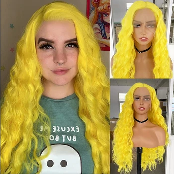 AİMEYA Limon Sarı Sentetik Peruk ısıya dayanıklı dantel ön peruk Uzun Vücut Dalga Günlük Kullanım Cosplay Parti Peruk Tutkalsız