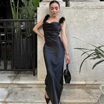 Alıgaıa-Kadın Siyah Spagetti Kayışı Backless Elbise Seksi Slim Fit Streç Maxi Elbise Parti Plise Streetwear Tüy Yeni 2023