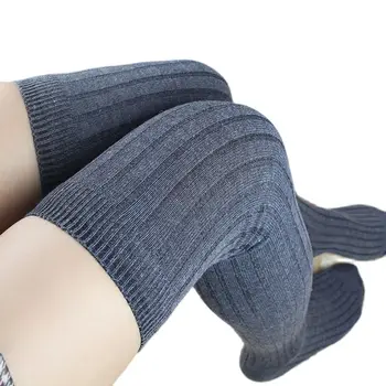 Bayan Diz Üzerinde Şerit Karışımlı Pamuklu Uzun Çorap Kadın Uyluk Yüksek Opak Elastik Çorap Kız Genç İçin