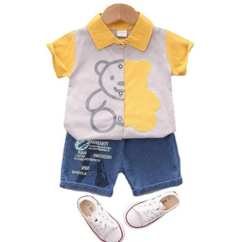 Bebek Erkek giyim setleri Rahat Ayı Kısa Kollu Yaka Gömlek Kot Şort 2 Adet 1-4 Yıl Yürümeye Başlayan Çocuk Giysileri