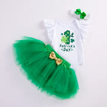 Bebek Kız Aziz Patrick Günü Kıyafet Beyaz Kısa Kollu Mektup Baskı Romper + Yeşil Tül Etek Bandı Yenidoğan Giyim Seti