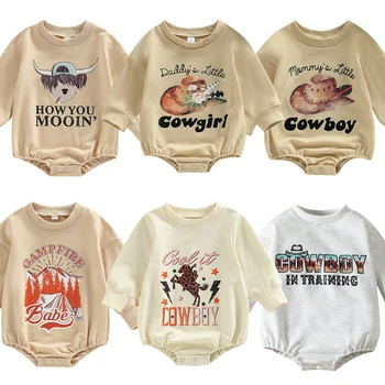 Bebek Kız Erkek Sonbahar Romper Rahat Kovboy Cowgirl Giysileri Toddlers Bebek Uzun Kollu O Boyun Mektup Baskı Kısa Tulumlar