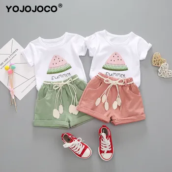 Bebek kız giysileri 0-4 yaşında yaz pamuk takım elbise kız günlük kıyafetler karpuz baskı kısa kollu şort iki parçalı takım elbise