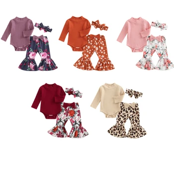 Bebek Kız Sonbahar Giysileri Set Düz Renk Nervürlü Uzun Kollu Örme Romper + Leopar Çiçek Baskı Flare Pantolon + Kafa Bandı