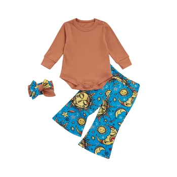 Bebek Takım Elbise Seti, Düz Renk O-boyun Uzun Kollu Romper + Güneş Ay Baskı Pantolon + Kafa Bandı Erkek Kız, 3-24 Ay