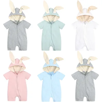 Bebek Yaz Giyim Yenidoğan Toddler Erkek Bebek Kapşonlu Tulum Düz Renk Kısa Kollu Zip Tulumlar 0-24M Bebek Giysileri