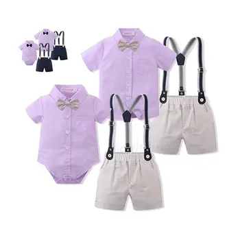 Bebek Yenidoğan Bebek Erkek Giyim Bebek Romper veya Gömlek + Askı Şort 2 adet / takım Bebek Kıyafetleri Beyefendi Takım Elbise resmi takım elbiseler