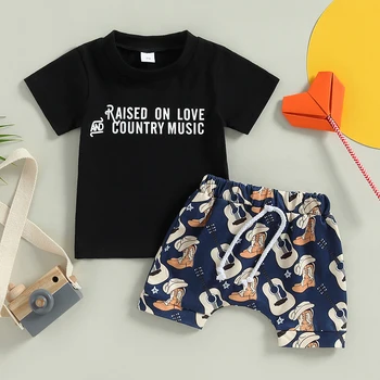 Bebek Yürüyor Boys yaz giysileri Kıyafetler Mektup Baskı Ekip Boyun Kısa Kollu T-Shirt Gitar Botları Baskı Şort 2 Adet Takım Elbise