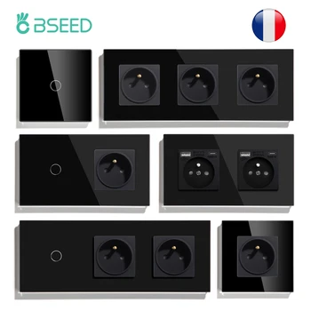 BSEED 1/2 / 3Gang Dokunmatik Duvar Anahtarı Tip-C USB Fransız Soket 1Way Led Sensör Anahtarları Cam Panel Mavi Aydınlatmalı