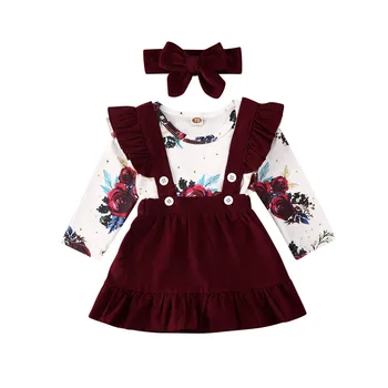 Citgeett Bahar 3 ADET Bebek Bebek Kız Çiçek Kıyafet Giysileri Baskı Romper + Askı Etekler Elbise Kafa Bandı Sonbahar Seti