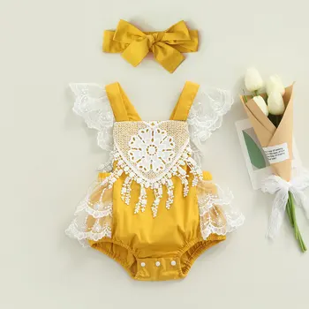 Citgeett Yaz Yenidoğan Bebek Kız Bodysuit Kıyafetler Kolsuz Dantel Patchwork Tatlı Tarzı Sarı Tulum + Yay-Düğüm saç bandı seti