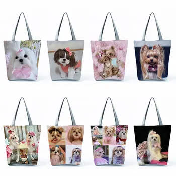 Customi Grafik Sevimli Shih Tzu Baskı Alışveriş Çantaları Bakkaliye Kadın Çanta Hayvan Köpek Tote Çanta Büyük Kapasiteli Omuz Çantaları