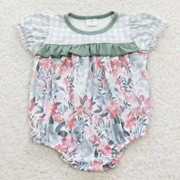 DR0345 Yeni çocuk giyim toddler Pembe çiçek mavi ekose kısa kollu tulum rahat Bebek Kız Giyim Romper