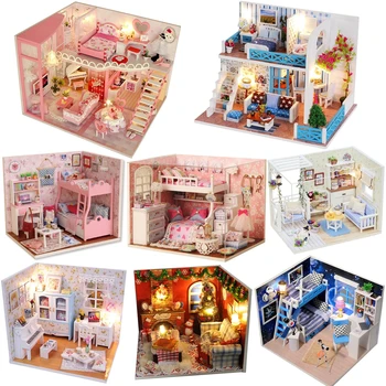El yapımı Dıy Ahşap Bebek Evi Kiti Minyatür Mobilya led ışık Casa Dollhouse Oyuncaklar Roombox Yetişkinler İçin Çocuk Doğum Günü Hediyeleri