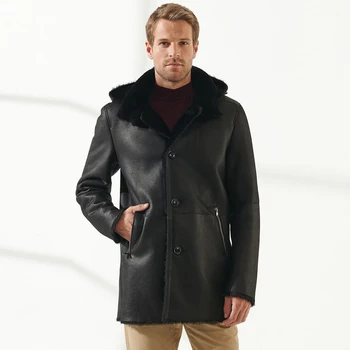 Erkekler Rahat Siyah Desenli Shearling Ceket Premium Koyun Derisi Ceket Yeni Moda Sıcak Palto