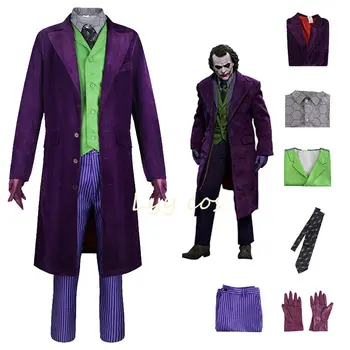 Film Şövalye Joker Kostüm Heath Ledger Cosplay Suit Cadılar Bayramı Palyaço Üniforma Mor Ceket Trençkot Pantolon Tam setleri