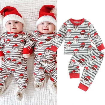 FOCUSNORM 2 adet Noel Bebek Erkek Kız Giyim Setleri Ev Tekstili Çizgili Noel Desen Baskılı Uzun Kollu Üstleri Pantolon
