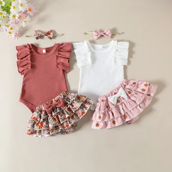 FOCUSNORM 3 adet Bebek Kız Güzel Giyim Setleri 0-24 M Fırfır Kollu Nervürlü Katı Romper + Çiçek Baskılı Etekler + Kafa Bandı