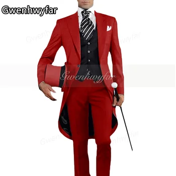 Gwenhwyar Kırmızı Longtail Ceket 3 Parça Beyefendi erkek Takım Elbise erkek Moda Damat Smokin Düğün Balo Ceket Yelek pantolon