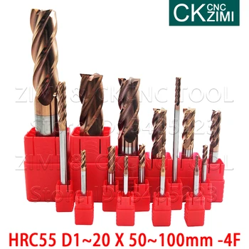 HRC55 4 flüt D1~20 50 ~ 100mm uç frezesi Kesici Alaşımlı Kaplama Tungsten Çelik frezeler kesme aletleri CNC işleme End mill